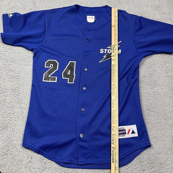Storm‎ Bowling Uniform Baseball Button Up Jersey Blue Majestic #24 Size S - Picture 8 of 8